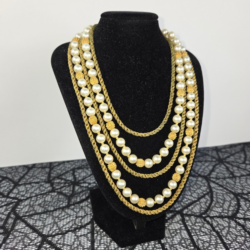 Vintage Crown Trifari Multi Strand Faux Pearl Gold Tone Rope Chain Necklace